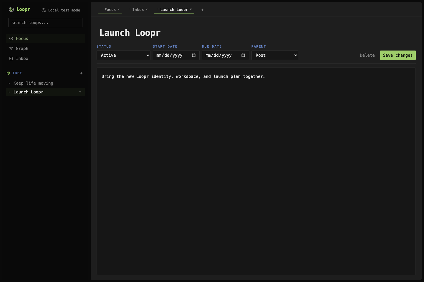 Loopr workspace showing the Launch Loopr parent loop, its document, and its nested loop tree.